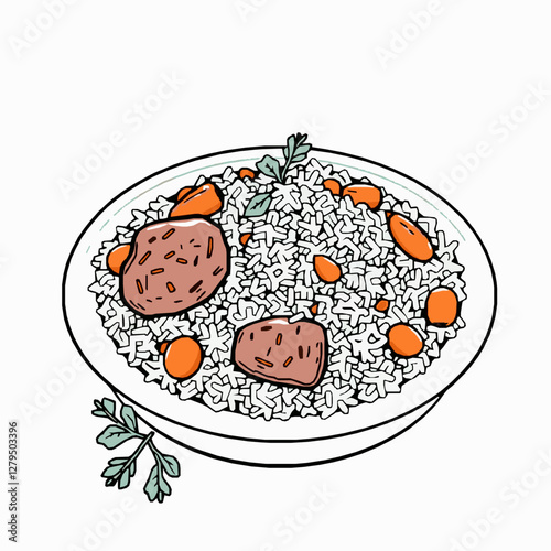 Uzbek Plov Spiced Rice with Meat and Carrots A Fragrant and Comforting Dish Black Outline Vector Illustration