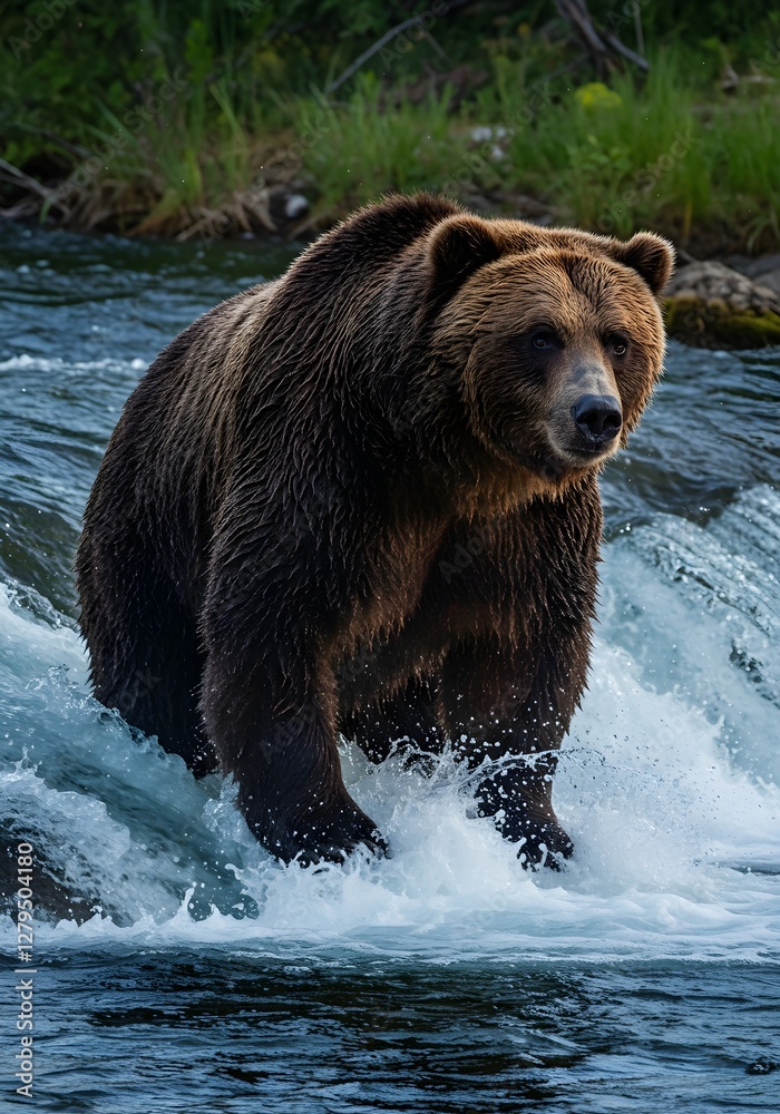 A powerful grizzly bear stands by a rushing river, its thick brown fur shimmering in the golden afternoon light. Water splashes around as the bear surveys its wild surroundings A powerful grizzly bear stands by a rushing river, its thick brown fur shimmering in the golden afternoon light. Water splashes around as the bear surveys its wild surroundings