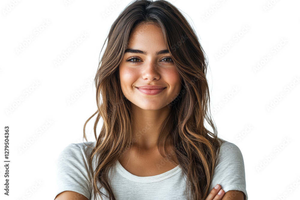 Casual young woman with long hair smiling Casual young woman with long hair smiling
