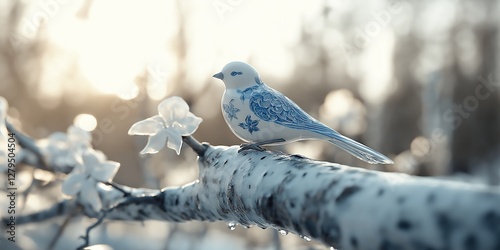 a lone ceramic nightingale, on a branch in a forest on a birch tree photo