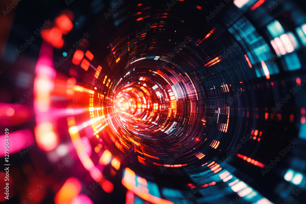 Futuristic digital tunnel featuring glowing light effects Futuristic digital tunnel featuring glowing light effects