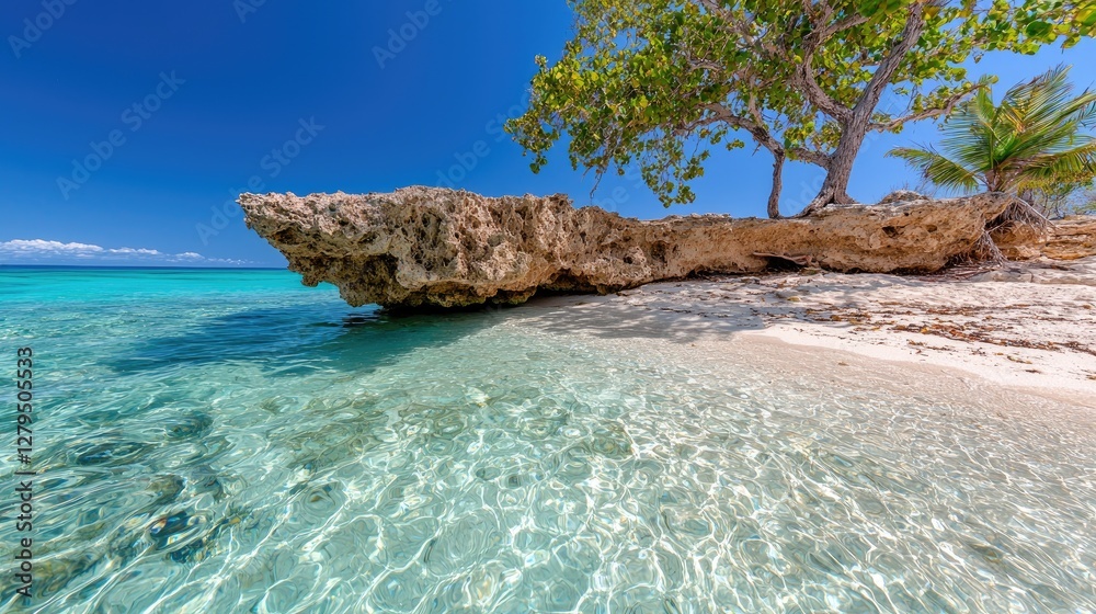 Fototapeta premium Tropical beach, turquoise water, rock formation, tree shade, idyllic getaway