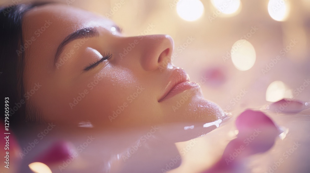 Fototapeta premium Serene Woman Relaxing in Bathtub Surrounded by Flower Petals