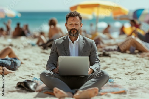 Businessman working on laptop amidst a lively beach scene, balancing work and leisure