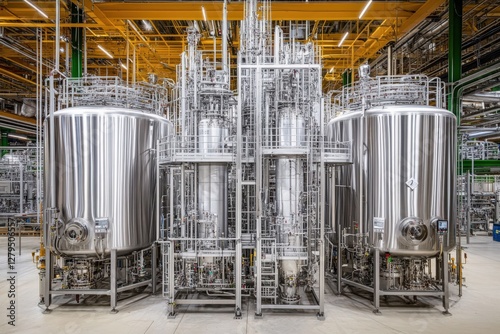 Modern industrial stainless steel tanks and processing equipment in a clean factory setting.  High-tech manufacturing, pharmaceutical or food production.