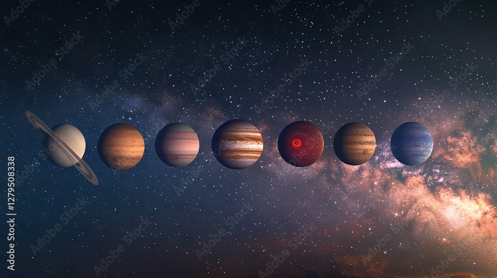 Fototapeta premium Solar system with 8 planets in the foreground, sun in the back, & stars in the distance