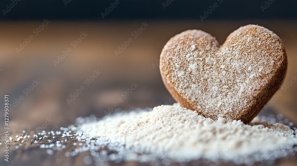 Obraz premium Heart shaped gingerbread cookie dusted with powdered sugar on dark wooden surface, romantic food photography with selective focus and bokeh background.