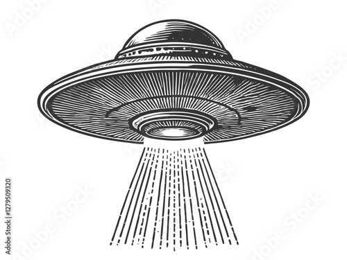 UFO flying saucer emitting a powerful beam of light, blending retro sci-fi with a mysterious extraterrestrial theme sketch engraving generative ai vector illustration. Scratch board. Black and white.