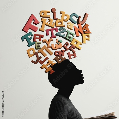 Creative thoughts represented by colorful letters above head. photo