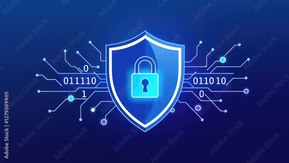 Fototapeta premium Digital security concept with lock and binary code on blue background. Generative AI