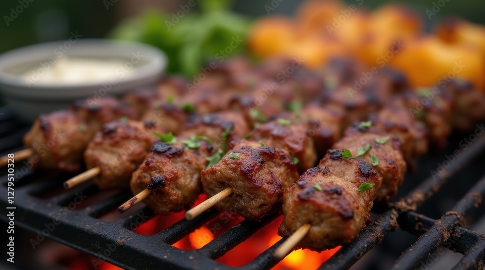 Close-up of flame-grilled lamb skewers on a metal grill, charred with herbs and served with dipping sauce in an evening outdoor barbecue setting. Close-up of flame-grilled lamb skewers on a metal grill, charred with herbs and served with dipping sauce in an evening outdoor barbecue setting.