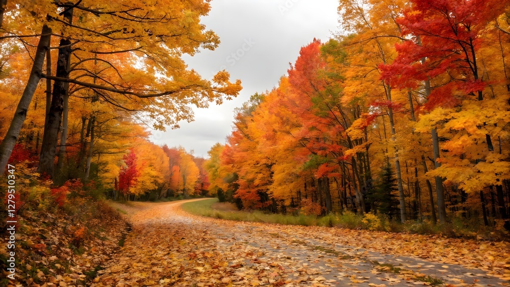 Naklejka premium Scenic view of a dense forest autumn golden le