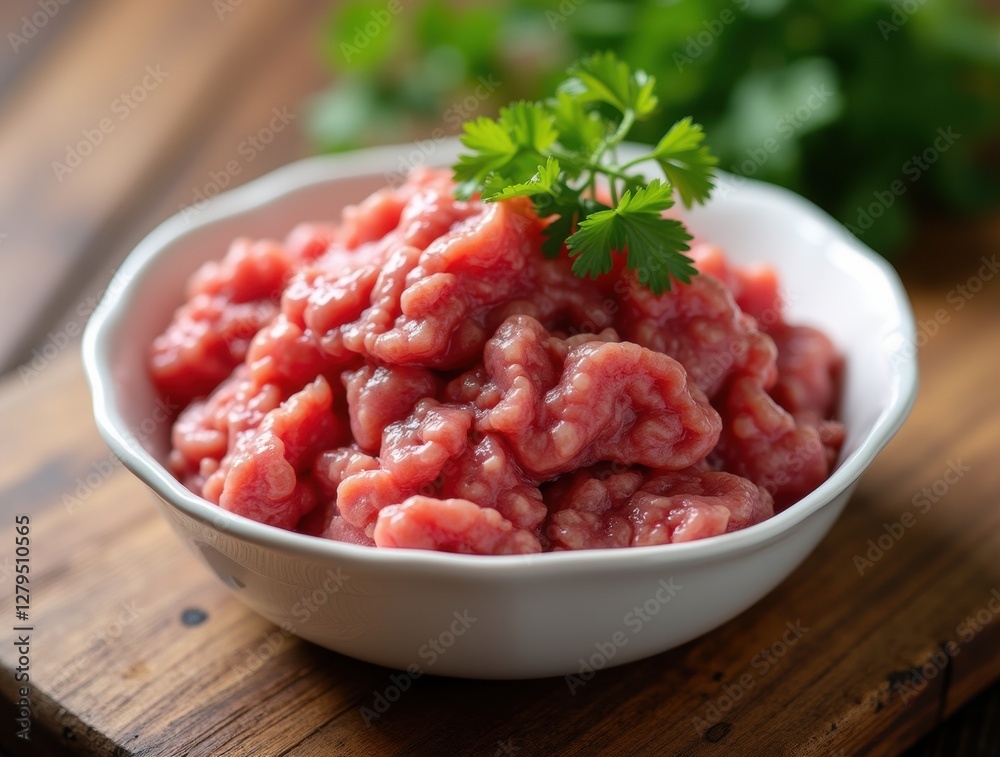 Fresh raw ground lamb with visible marbling, garnished with parsley in a white ceramic bowl, placed on a rustic wooden table. Fresh raw ground lamb with visible marbling, garnished with parsley in a white ceramic bowl, placed on a rustic wooden table.
