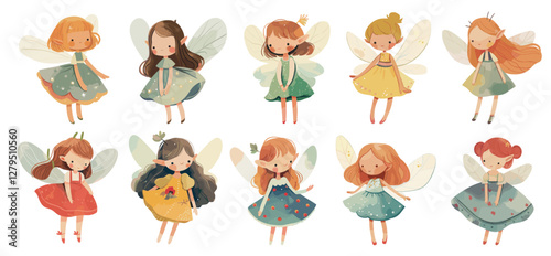 Watercolor fairy. Fantasy flower girl character with wings, fair tale children, cartoon magic princess set vector illustration