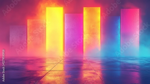 Neon glowing rectangular shapes in a smoky, futuristic interior photo