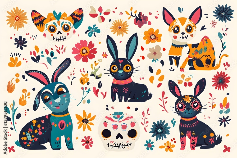 Obraz premium Set of colorful cartoon rabbits with flowers and skulls on their faces. The rabbits are arranged in a row, with some of them looking at the camera. Scene is playful and whimsical