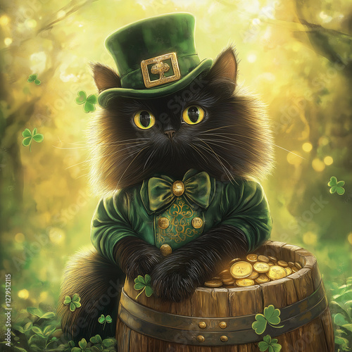 Lucky Black Kitten in a Leprechaun Costume on St. Patrick's Day with a Pot of Gold