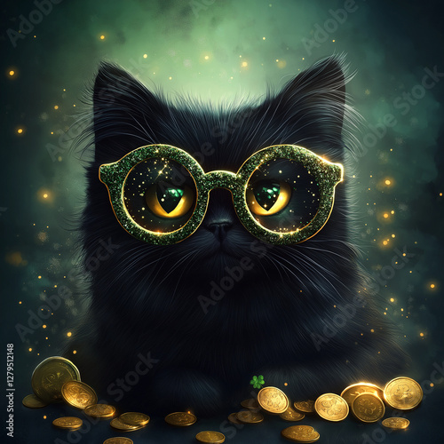 Lucky Black Cat in Green Glitter Glasses with Coins for St. Patrick's Day concept