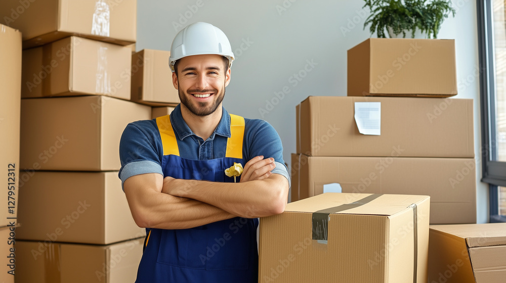 Smiling Worker with Boxes Suggests Moving, Packing, and Delivery Services