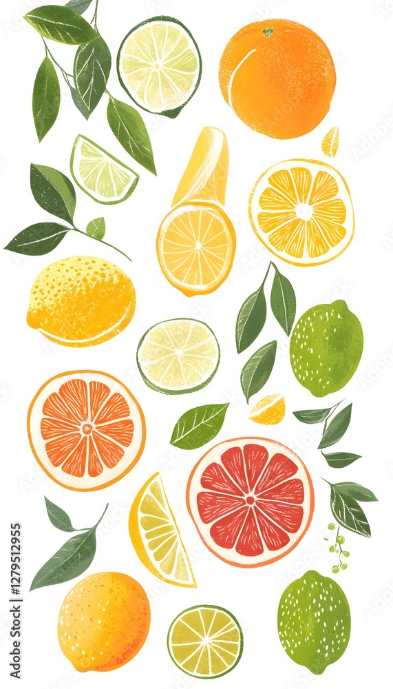 Obraz premium Colorful Illustration Featuring Citrus Fruits and Green Leaves