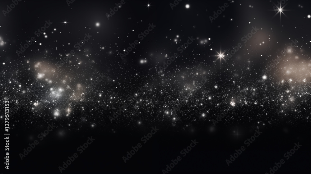 Obraz premium Particules scintillantes et brillantes volant sur fond sombre, noir. Lumière blanche, paillettes argentées et flou. Fond pour bannière, conception et création graphique.