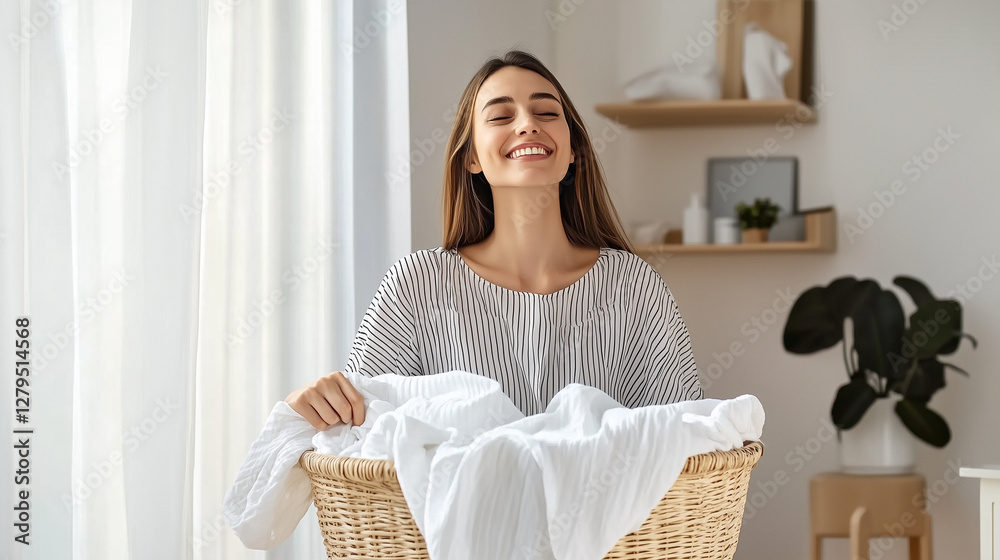 Smiling Woman Enjoying Fresh Laundry in a Bright and Cozy Home Setting