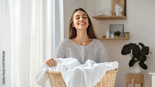 Obraz na płótnie Smiling Woman Enjoying Fresh Laundry in a Bright and Cozy Home Setting w salonie
