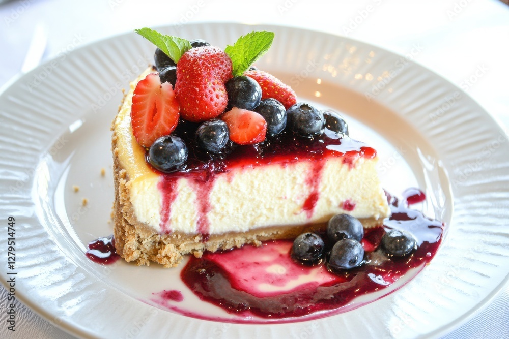 A delectable slice of creamy cheesecake adorned with fresh berries and a delicate mint sprig on a pristine white plate. A delectable slice of creamy cheesecake adorned with fresh berries and a delicate mint sprig on a pristine white plate.