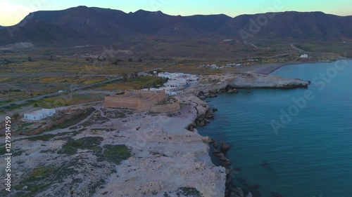 Aerial view of the fossil dune at Los Escullos beach, Cabo de Gata-Níjar Natural Park, Almeria, Andalusia, Spain