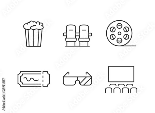 Set of 6 cinema-related icons showcasing various aspects of the film industry. The collection is perfect for use in movie-related design, cinema advertising and film content. Vector illustration