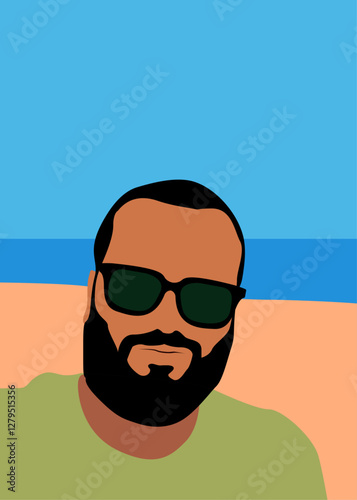 Vacaciones de verano. Hombre joven de piel morena, con camiseta, barba y gafas de sol, de pie en la orilla de una playa