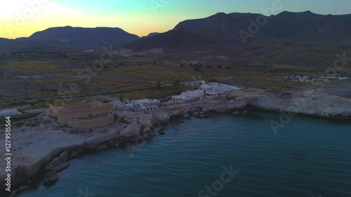 Aerial view of the fossil dune at Los Escullos beach, Cabo de Gata-Níjar Natural Park, Almeria, Andalusia, Spain