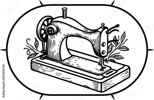 Retro sewing machine with botanical flower and plants vector, engraving sketch ink poster black illustration etching style tattoo