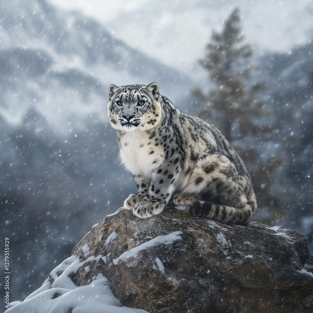 Fototapeta premium Majestic snow leopard perched on a rocky mountain ledge, piercing gaze, thick winter coat, soft snowfall in the background, cinematic wildlife portrait, ultra-HD 8K sharpness 