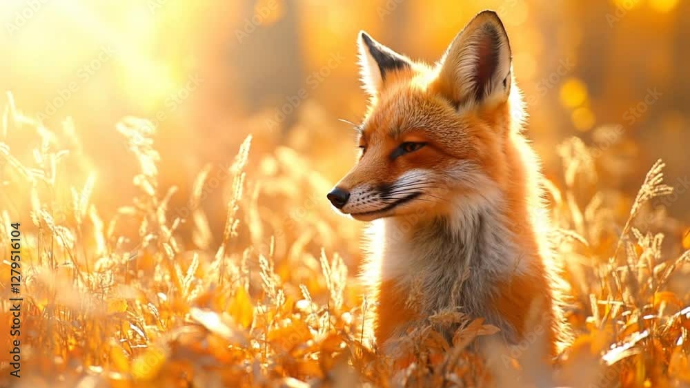 Majestic fox in sunlit autumn field captured in slow dolly movement. Majestic fox in sunlit autumn field captured in slow dolly movement.