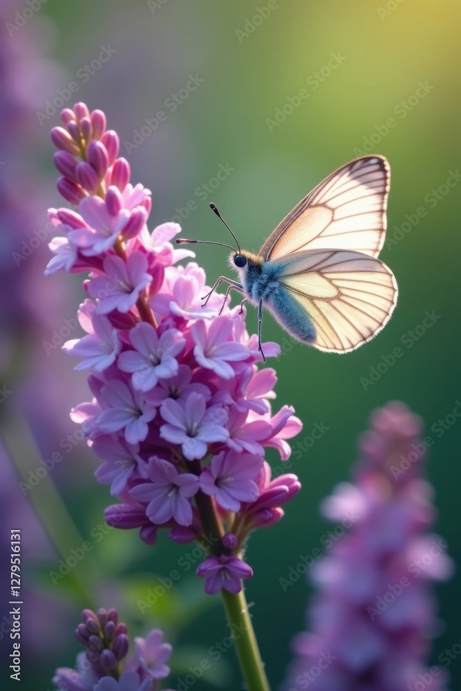Dainty butterfly dancing around lilac bellflower stems , flower, nature Dainty butterfly dancing around lilac bellflower stems , flower, nature