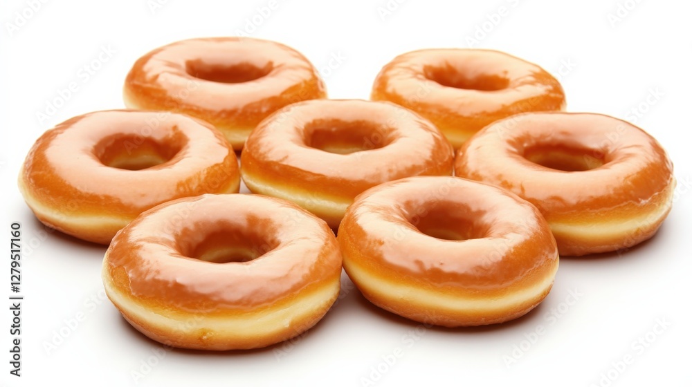 Freshly glazed donuts arranged in a circular pattern on a white background, perfect for desserts Freshly glazed donuts arranged in a circular pattern on a white background, perfect for desserts