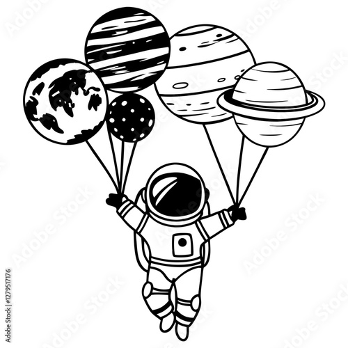 Astronaut and Planets Line Art Vector