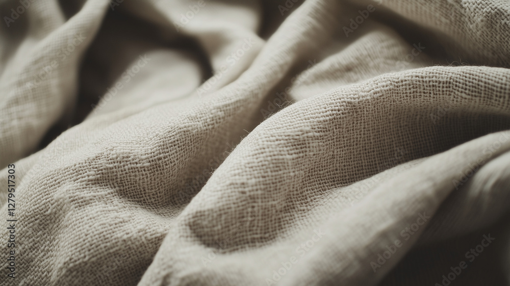 Fototapeta premium Soft, natural linen fabric texture with delicate folds and a warm neutral tone.