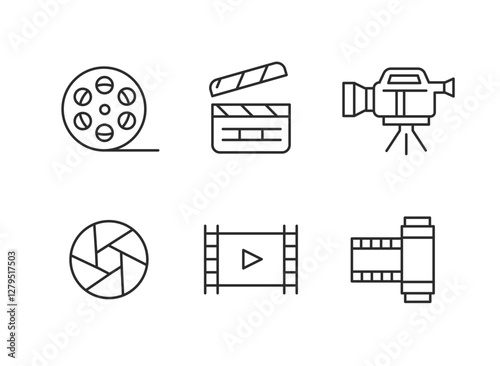 Set of 6 cinema-related icons showcasing various aspects of the film industry. The collection is perfect for use in movie-related design, cinema advertising and film content. Vector illustration