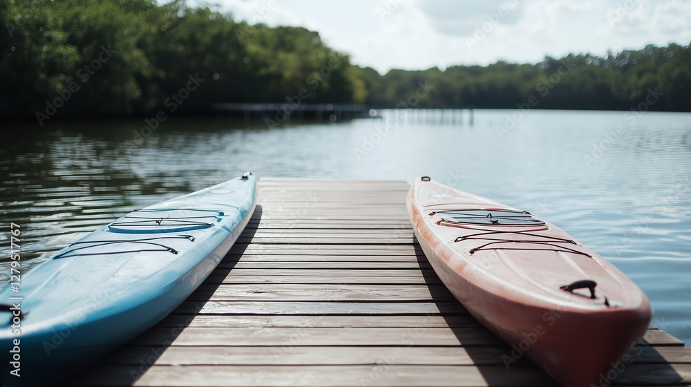 Obraz premium Kayaks and Paddleboards Ready for Water Adventure in Storage Area