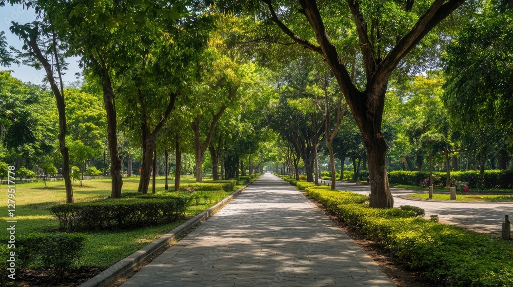 Serene Pathway Through Lush Greenery, A Tranquil Park Scene Serene Pathway Through Lush Greenery, A Tranquil Park Scene