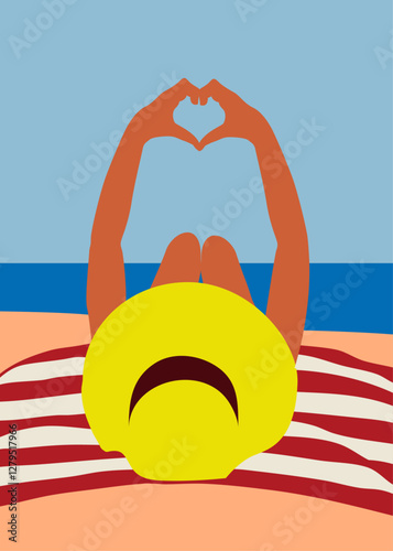 I love beach. Mujer con sombrero acostada en la playa, con los brazos arriba haciendo el simbolo de un corazón 