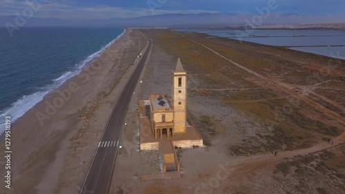 Aerial view of the salt flats of Cabo de Gata, Cabo de Gata-Níjar Natural Park, Almeria, Andalusia, Spain
