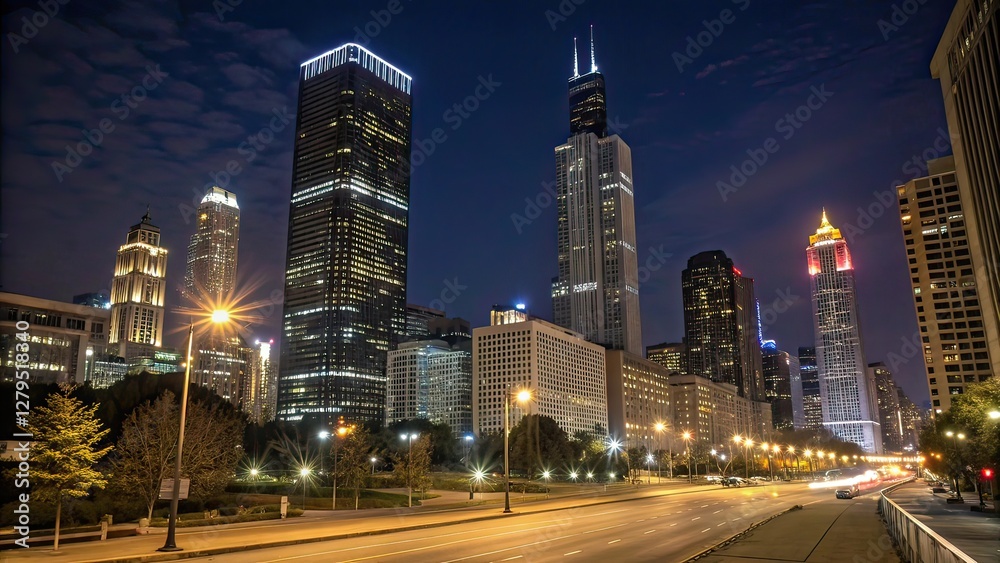 Obraz premium Modern City Skyline at Night with Illuminated Skyscrapers
