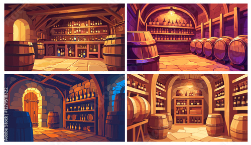 Winery cellar. Wine shop basement bar interior with wooden barrels bottles, grape alcohol storage vector illustration