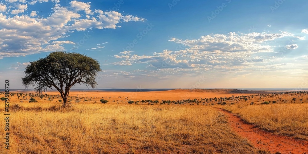 Obraz premium African Savanna Sunset with Golden Grasslands and Lone Acacia Tree