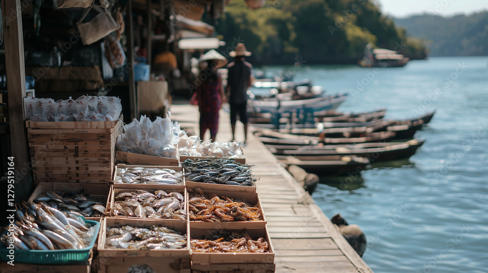 Fototapeta premium Fresh Seafood Market Offering Local Fish and Crabs