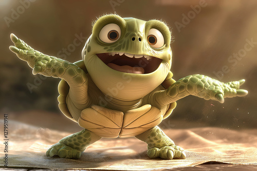 A grinning cartoon turtle with its arms outstretched in an energetic and playful pose