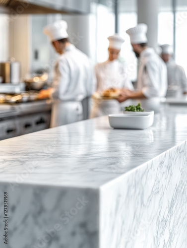 Modern Professional Kitchen with Chefs Working in the Background